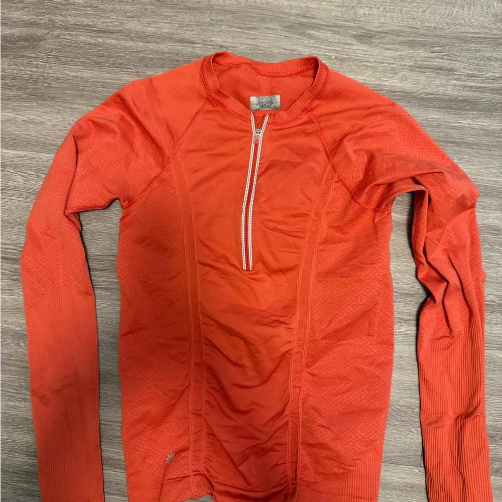 Athleta PACIFICA TOP Size S Coral Orange Half Zip Ruched Ribbed Women